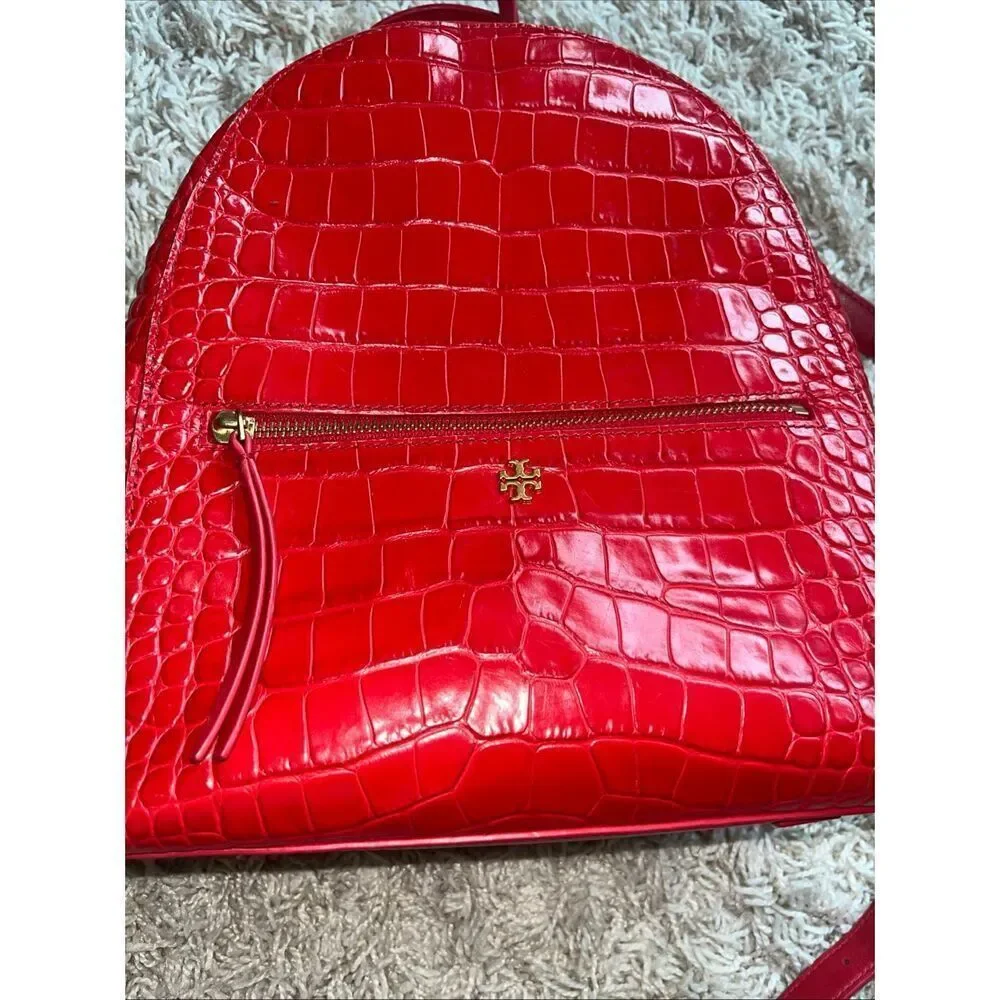 Tory Burch Mini Backpack Handbag Red Croc-Embossed Italian Leather Top Handle